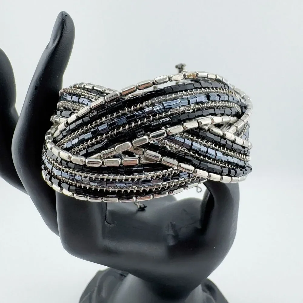Vintage Wide Multi-Strand Cuff Stretch Black Silver Tone Bead Chain Statement